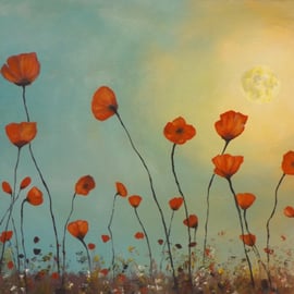 Contemporary acrylic painting of poppies titled Dancing in the moonlight