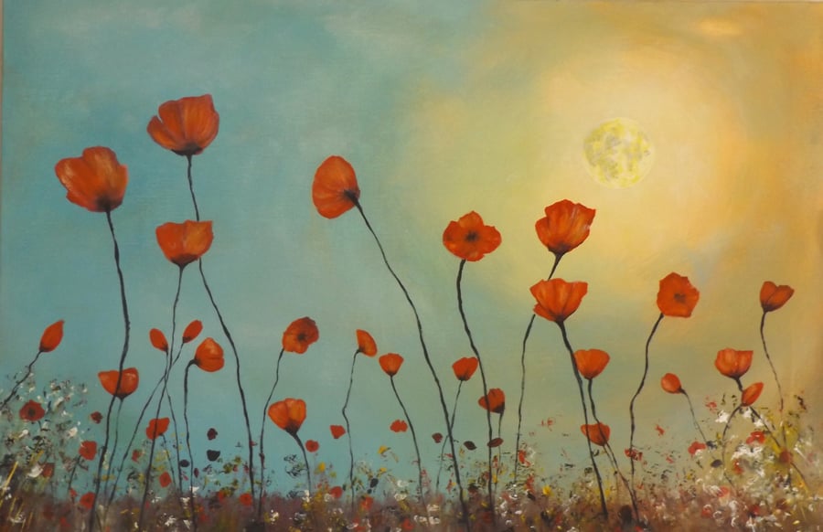 Contemporary acrylic painting of poppies titled Dancing in the moonlight