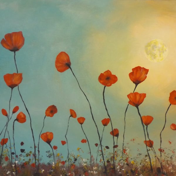 Contemporary acrylic painting of poppies titled Dancing in the moonlight