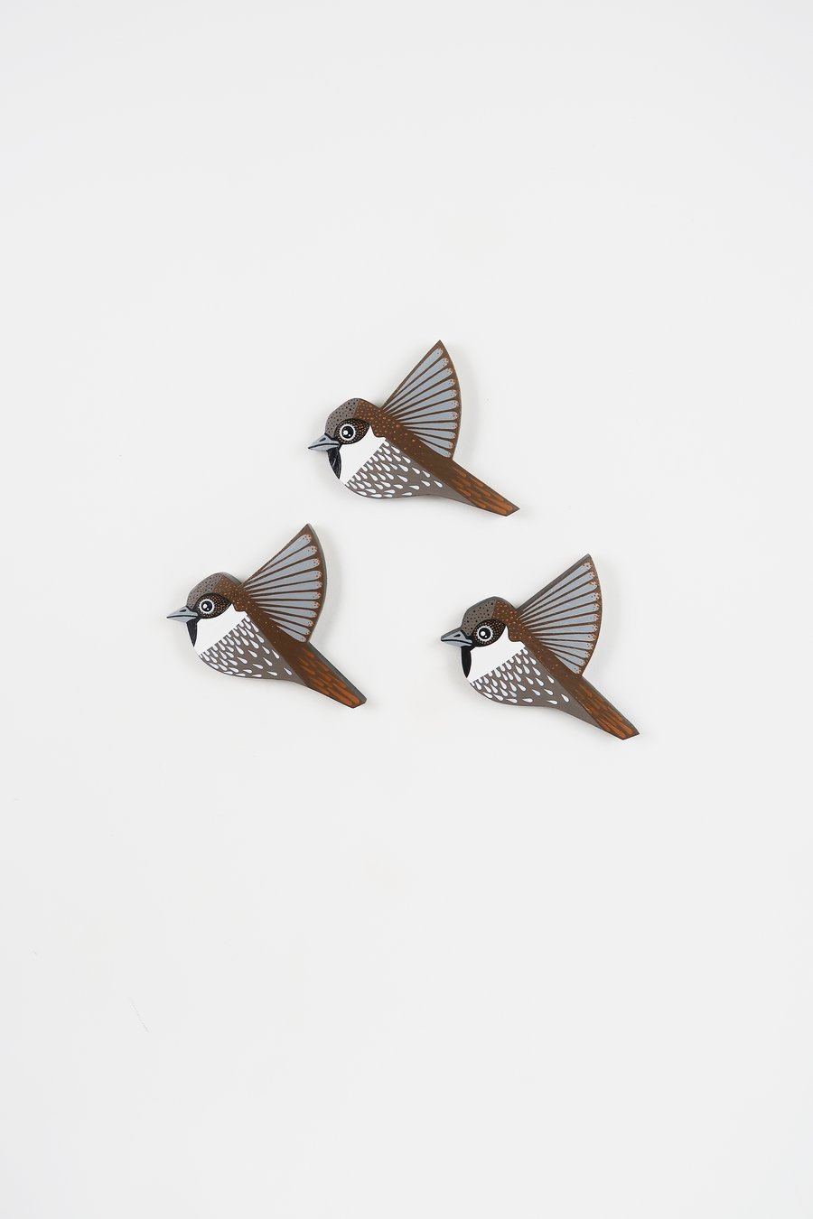 House sparrow wall hanging, set of 3 miniature flying birds, wooden decorations.