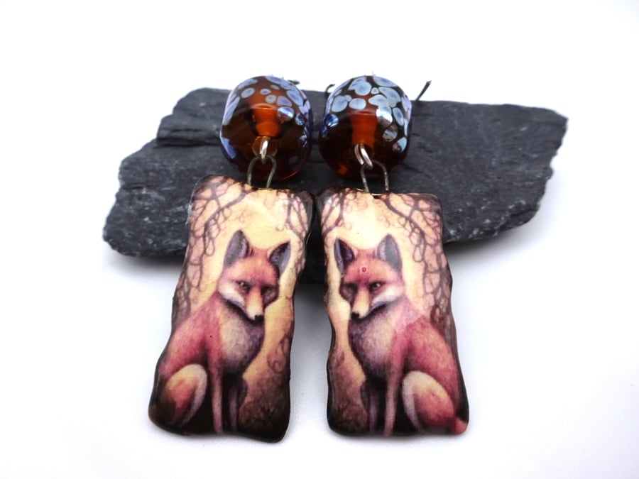 ceramic fox amber lampwork glass earrings