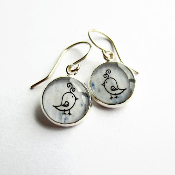 Pale Blue Cute Bird Drop Earrings