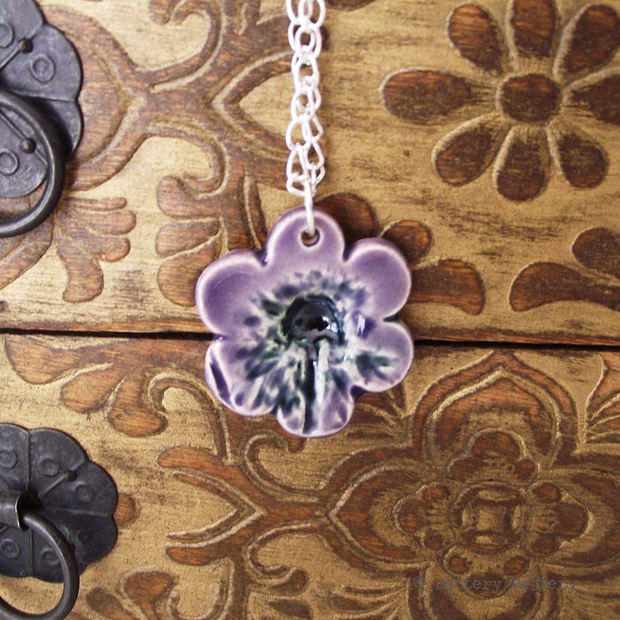  Pottery Flower pendant on 20cm chain. Ceramic Flower natural print