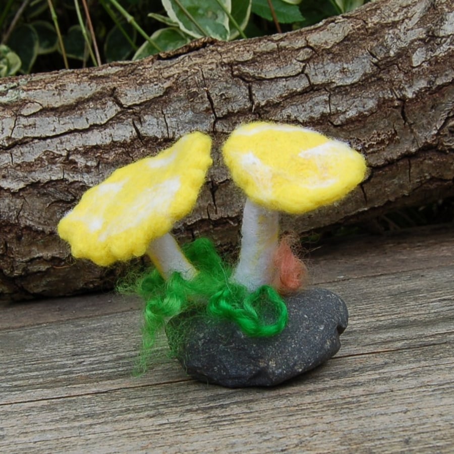 Mushroom decoration, needle felt mushrooms attached to a pebble