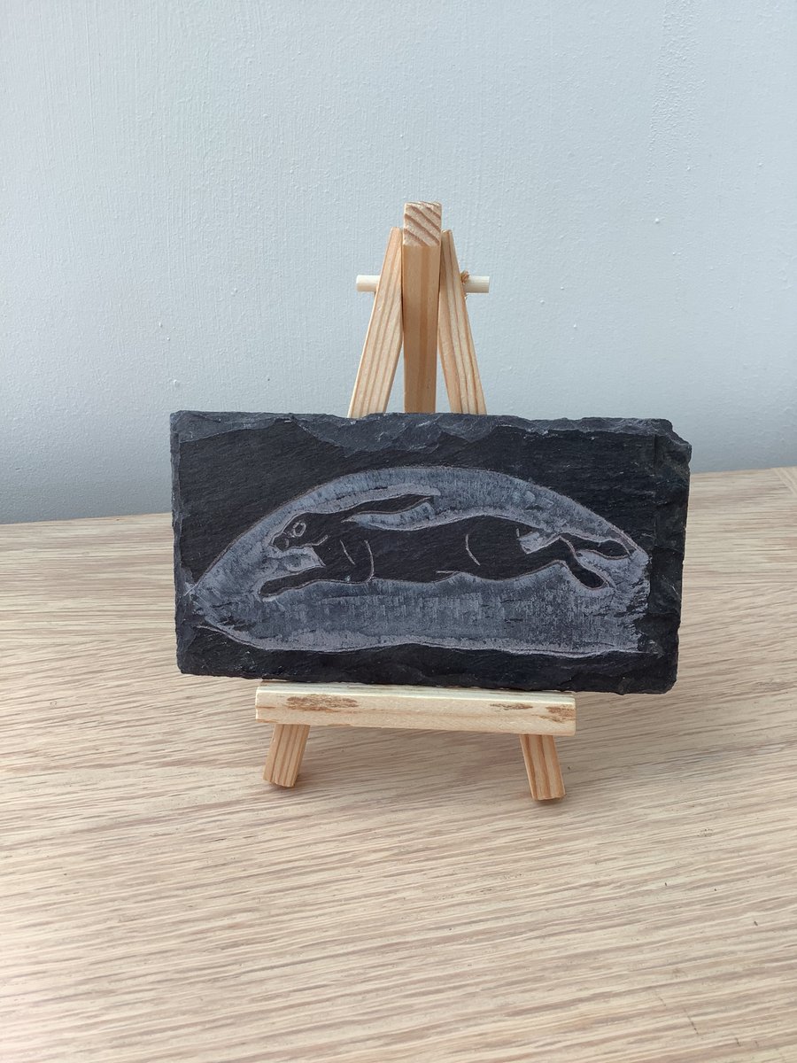 Running Hare Silhouette by the moon - original art hand carved on slate