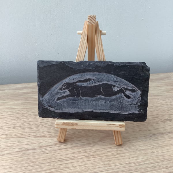 Running Hare Silhouette by the moon - original art hand carved on slate