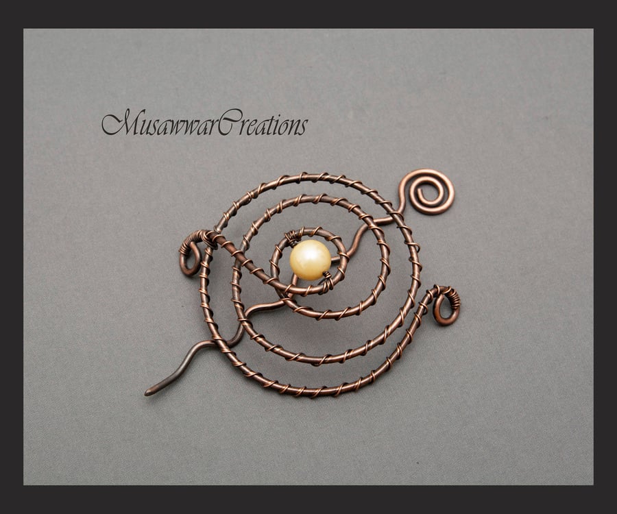 Antique Copper Spiral bun cage ,Ivory shell pearl hair bun holder, hair bun 