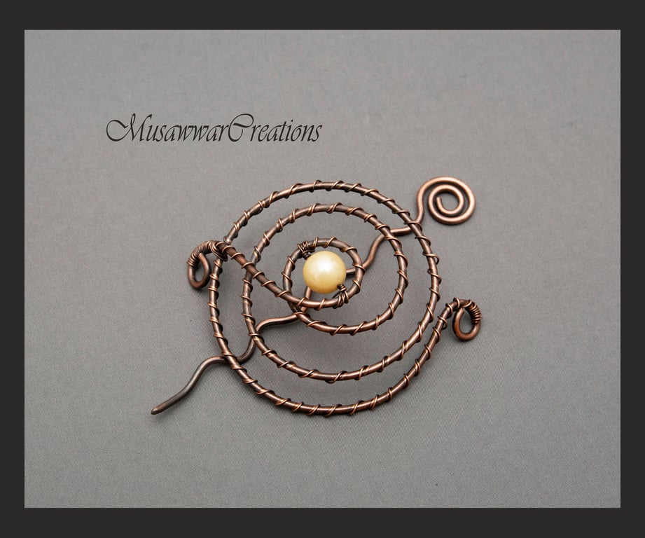 Antique Copper Spiral bun cage ,Ivory shell pearl hair bun holder, hair bun 