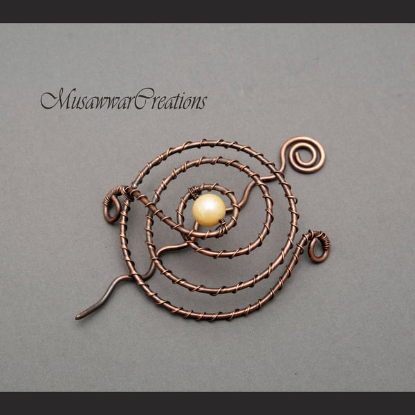 Antique Copper Spiral bun cage ,Ivory shell pearl hair bun holder, hair bun 