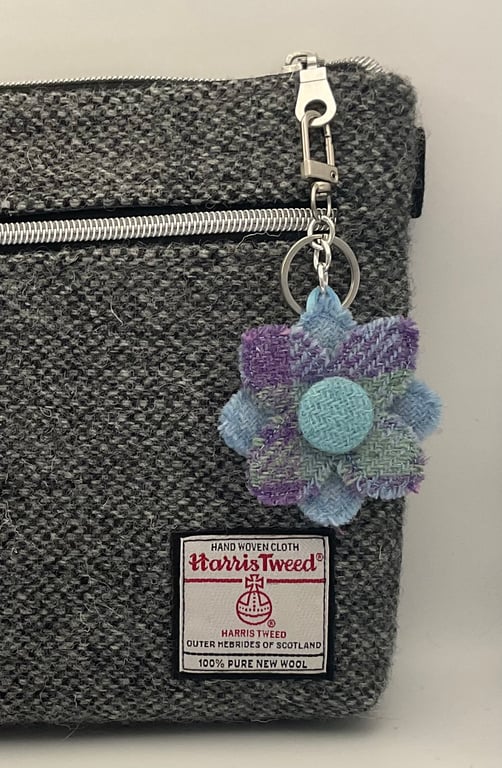 Harris Tweed Flower Bag Charm Keychain Handmade Scottish Wool 