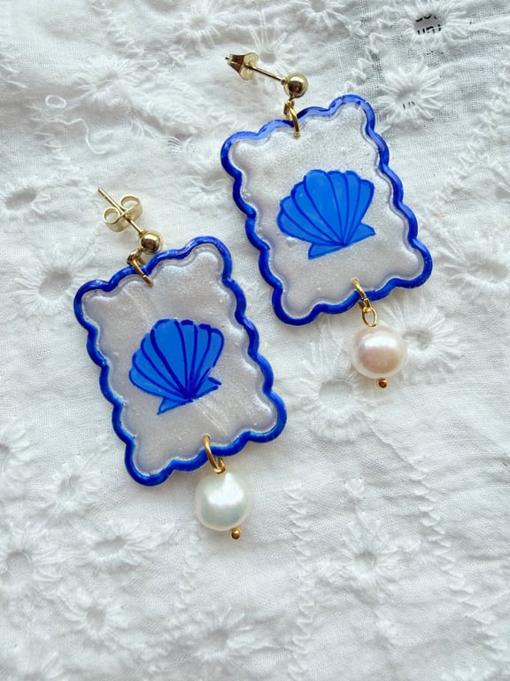 Blue Seashell Pearl Drop Statement Holiday Earrings