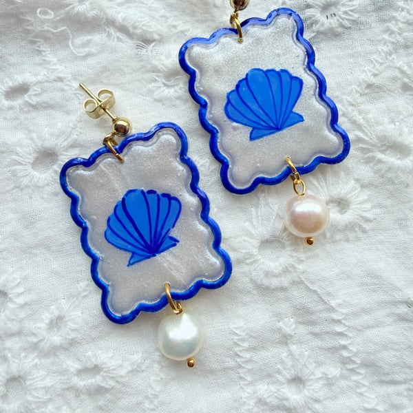 Blue Seashell Pearl Drop Statement Holiday Earrings