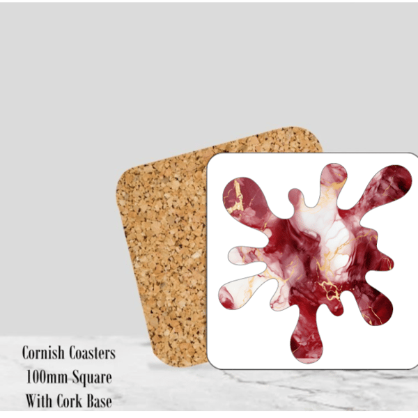  Splash (Red) Mable Coaster  4" Square With Cork Base.