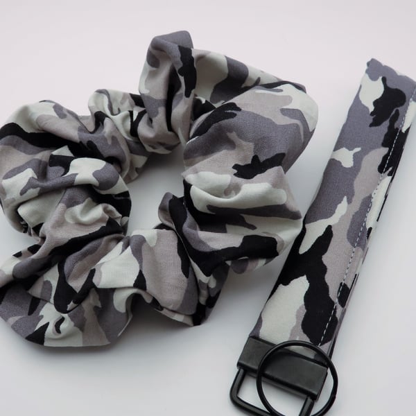 Grey Camouflage Key Fob - Wristlet & Scrunchie Set 
