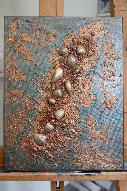 Original Tides Out. Beach Sea Shell Mixed Media Textured Canvas.