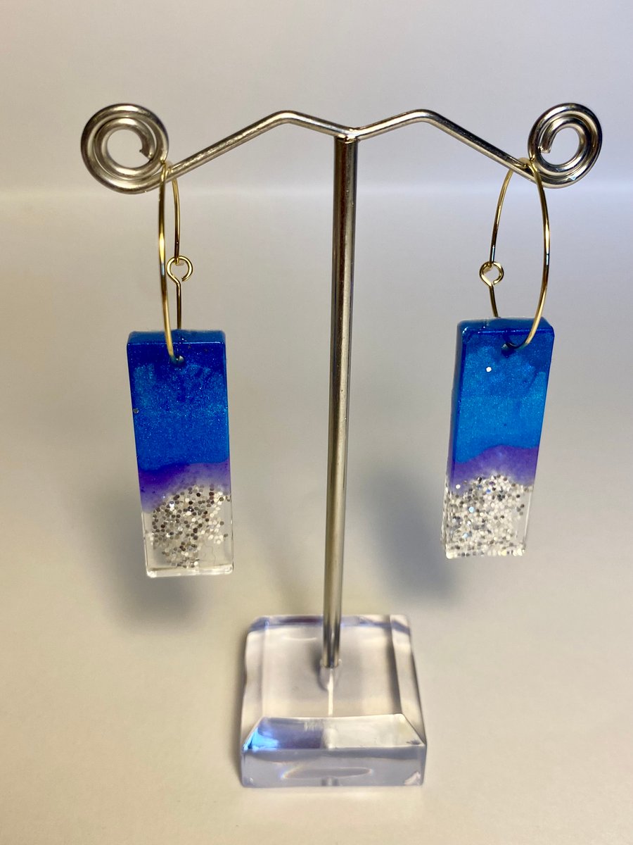 Handmade trio of blue resin and silver glitter rectangle hoop earrings