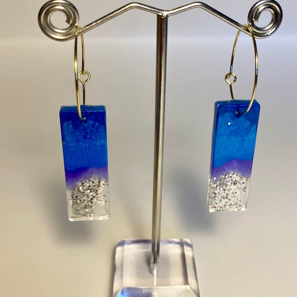 Handmade trio of blue resin and silver glitter rectangle hoop earrings
