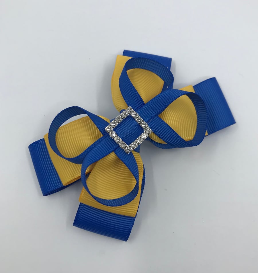 Royal Blue and Yellow Gold Double Layer Bow with Royal Blue Loops on Clip