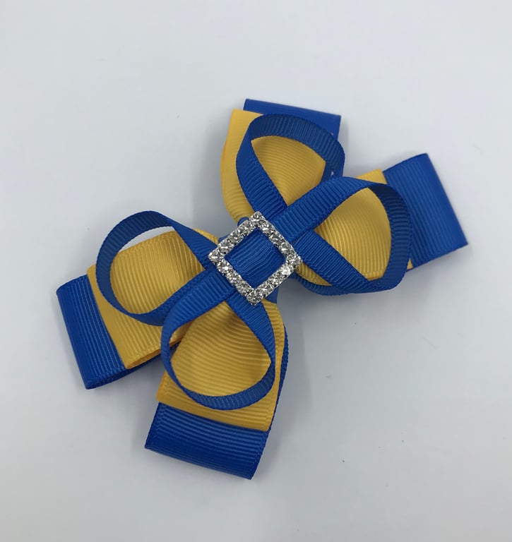 Royal Blue and Yellow Gold Double Layer Bow with Royal Blue Loops on Clip