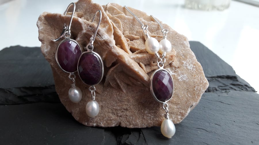 26.5ct Ruby, Cultured Pearl and Sterling Silver Necklace and Earring Set