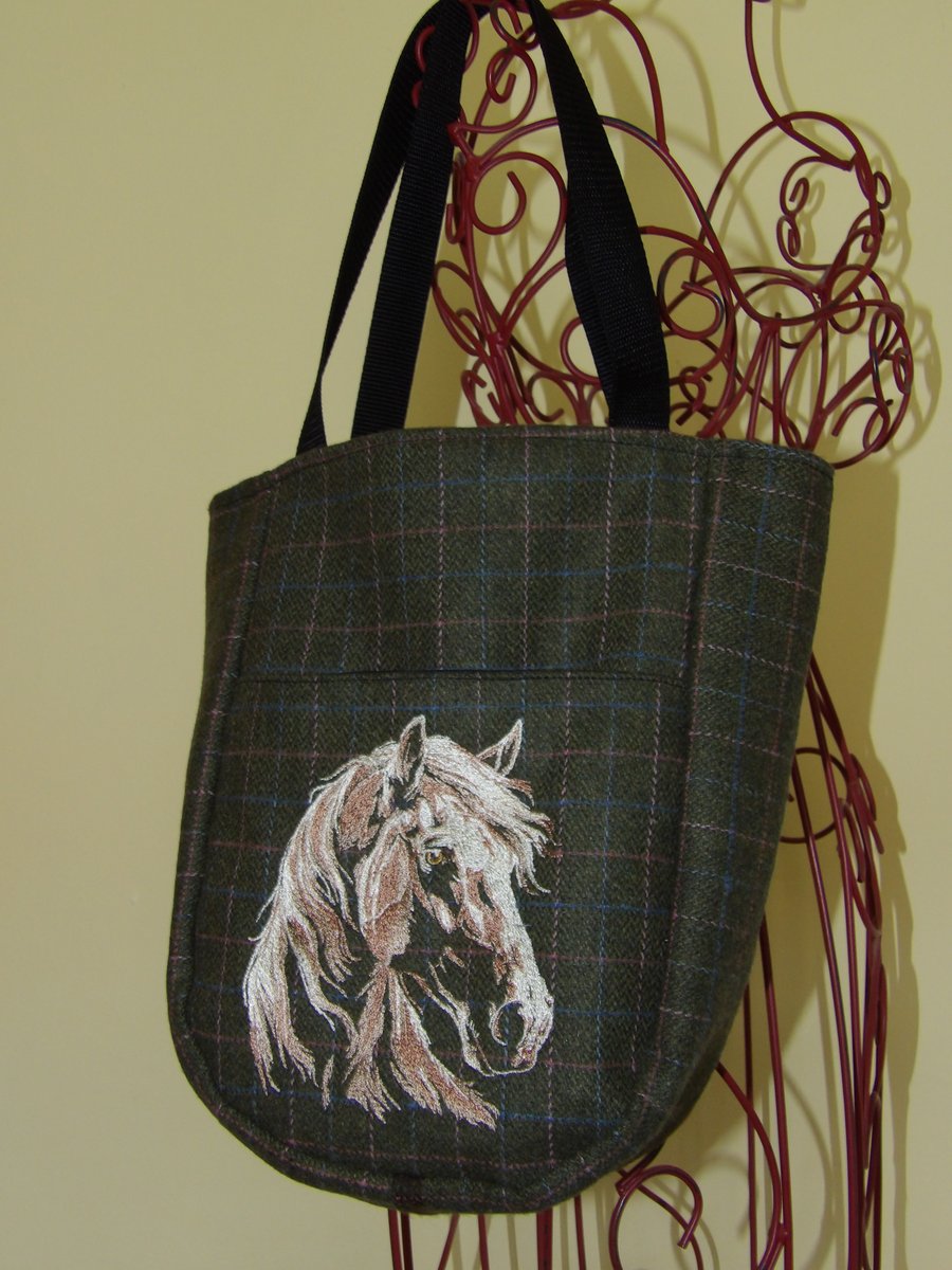 Tweed lined tote bag with highly embroidered horse on the front pocket 