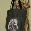 Tweed lined tote bag with highly embroidered horse on the front pocket 