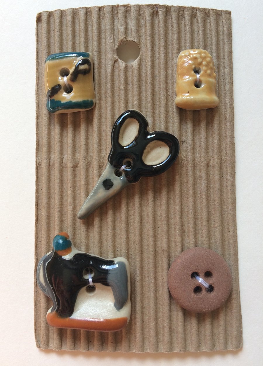 Set of 5 sewing inspired ceramic buttons