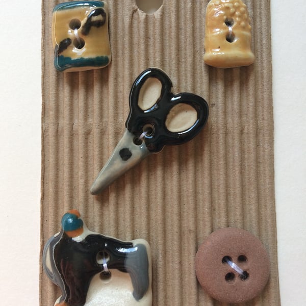 Set of 5 sewing inspired ceramic buttons