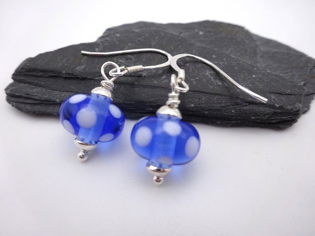Blue and white polka dot earrings