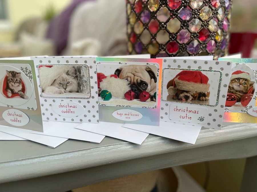 Set of 5 cute cats and dogs mini christmas cards