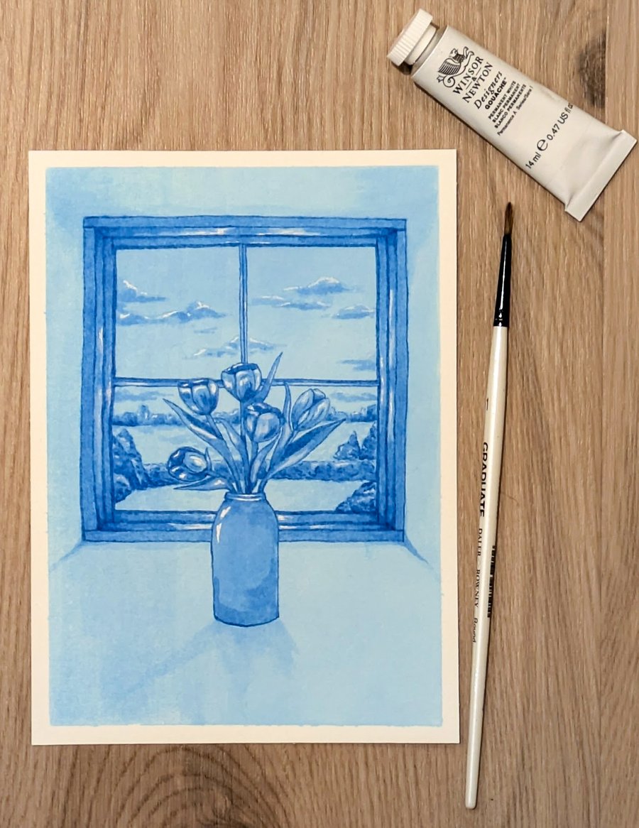 Hand Painted Ink Illustration Blue Tulips