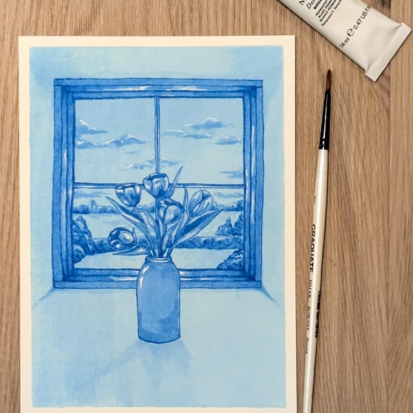 Hand Painted Ink Illustration Blue Tulips