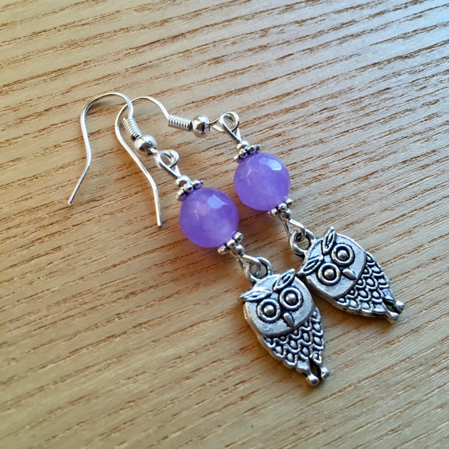 Lilac Owl Charm Earrings, Gift for Her, Nature Lover Present