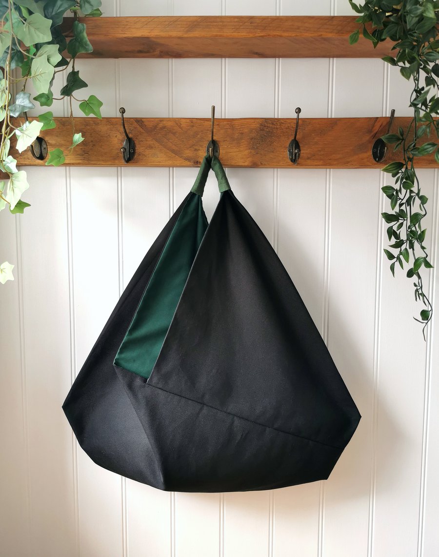 Black Canvas Slouchy Origami Bag with Bottle Green Lining and Green Linen Handle