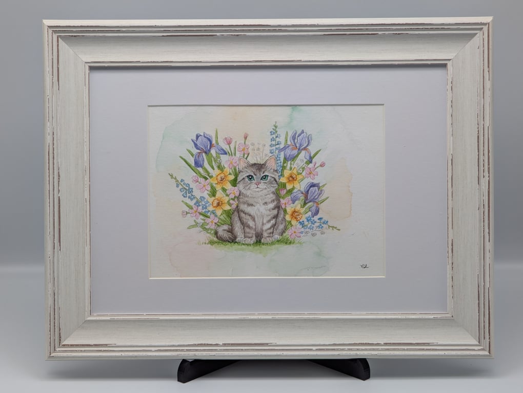 Springtime Kitten: Original Framed Watercolor & Ink Painting
