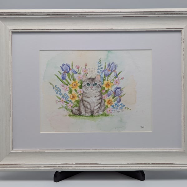 Springtime Kitten: Original Framed Watercolor & Ink Painting