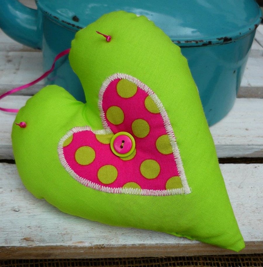 Hanging lavender Heart Decoration Lime Green & Hot Pink Spotty Shabby Chic