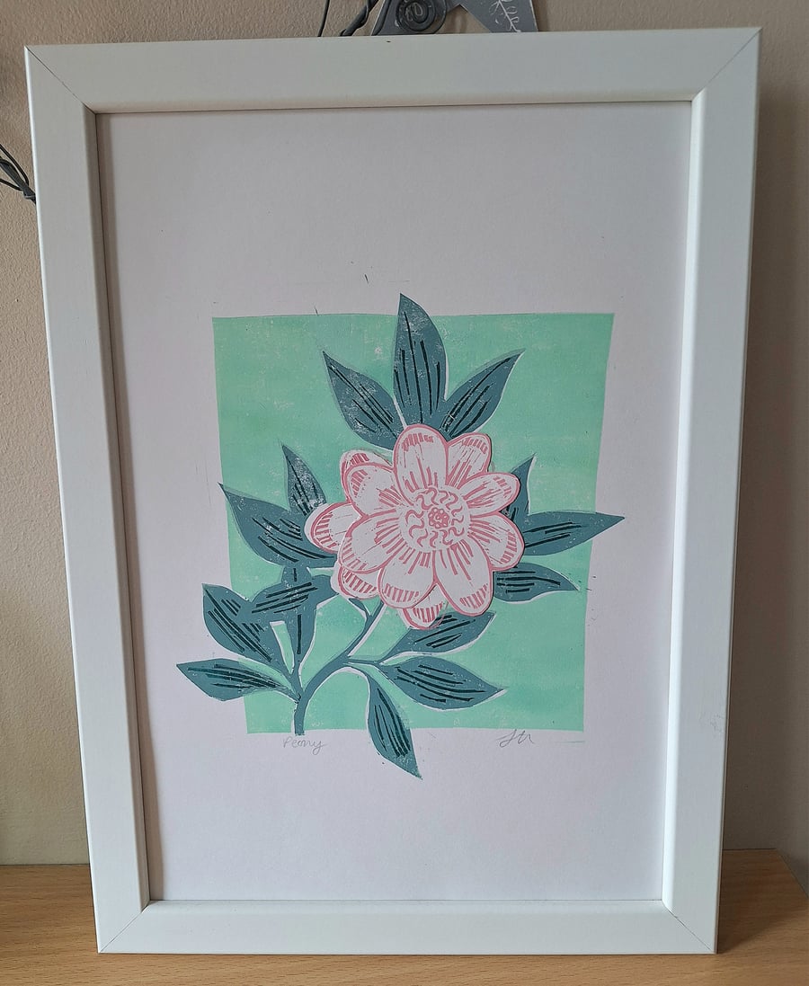 An original handprinted linoprint of a peony.' Peony''