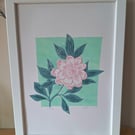 An original handprinted linoprint of a peony.' Peony''