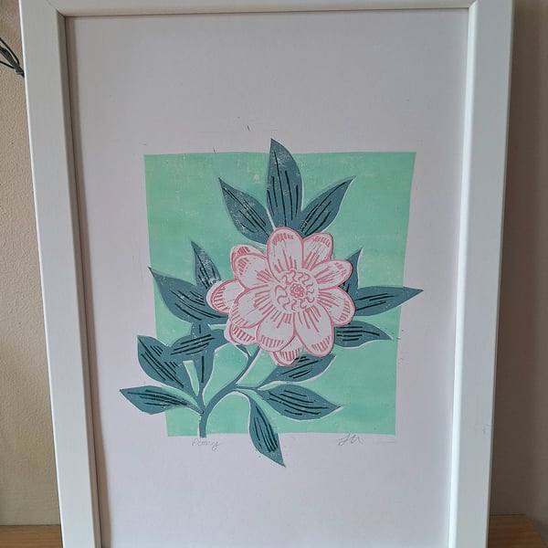An original handprinted linoprint of a peony.' Peony''