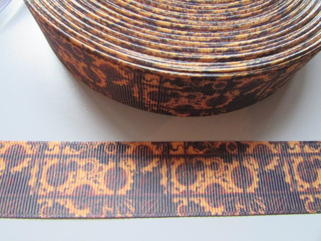 Steampunk Cog and Watch Parts Brown 2.5cm Grosgrain Ribbon x 1 metre