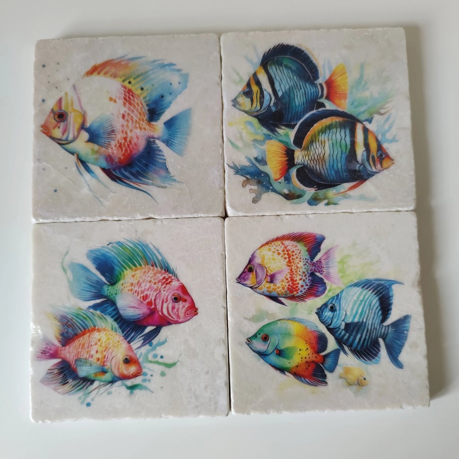 Tropical Fish  Rustic Marble Coasters, Drinks Coasters, Set Of 4