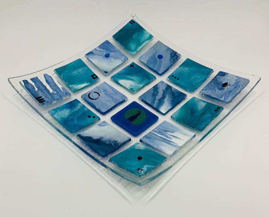 Beautiful Blue And Turquoise Fused Glass dish. Hand painted and embellished