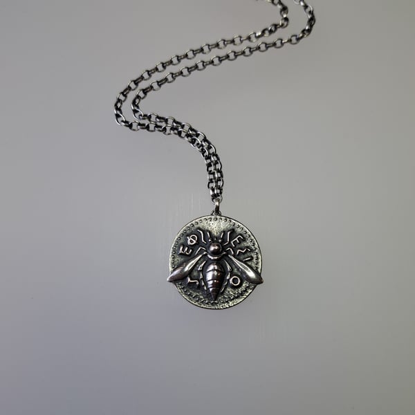 Silver Ephesus Bee Coin inspired pendant and chain