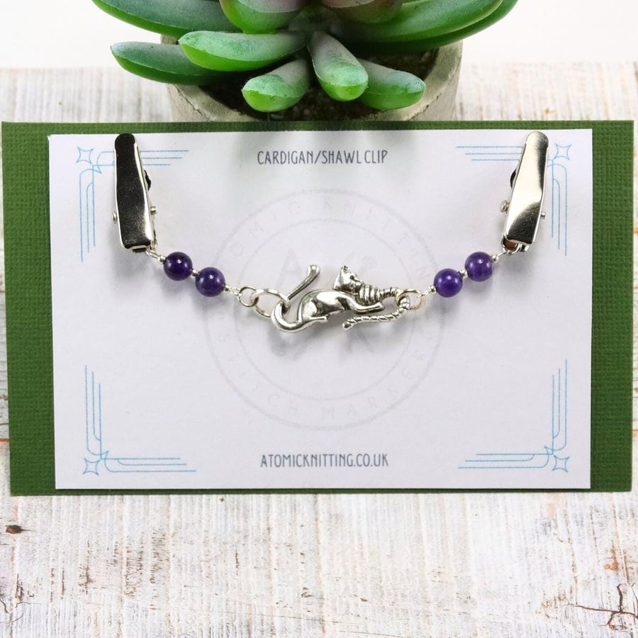 Sweater Clip - Amethyst Cat Cardigan Clip, Shawl Fastener UK Made