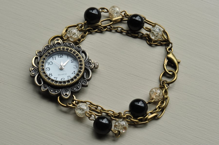 Midnight Sun Black Agate & Crackle Quartz Beaded Watch