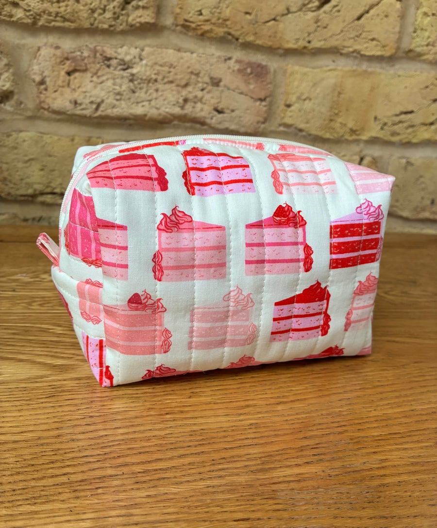 Pink Cake Slices Quilted Fabric Box Shape Makeup Bag
