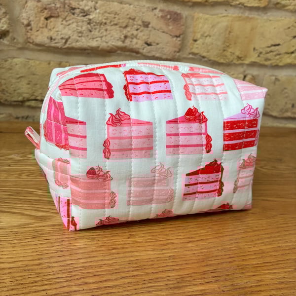 Pink Cake Slices Quilted Fabric Box Shape Makeup Bag