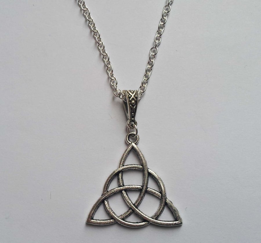 Large Celtic Triquetra Trinity Knot Long Silver Plate Necklace