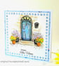 New Home Card -  handpainted original - blue door, plant pots, lavender - Image 4